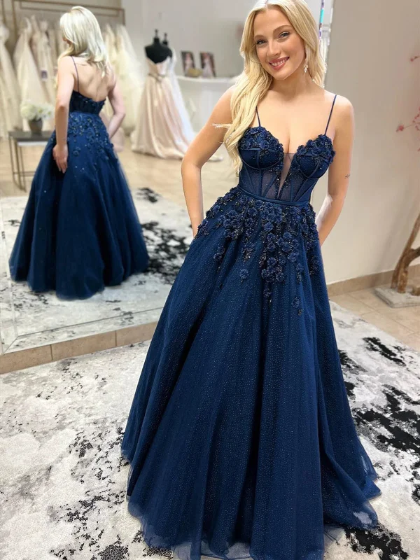 V Neck Dark Navy Blue Floral Long Prom Dresses, Dark Blue Lace Formal Evening Dresses Tunics Evening elegant V Neck Dark Navy Blue Floral Long Prom Dresses, Dark Blue Lace Formal Evening Dresses Tunics Evening elegant