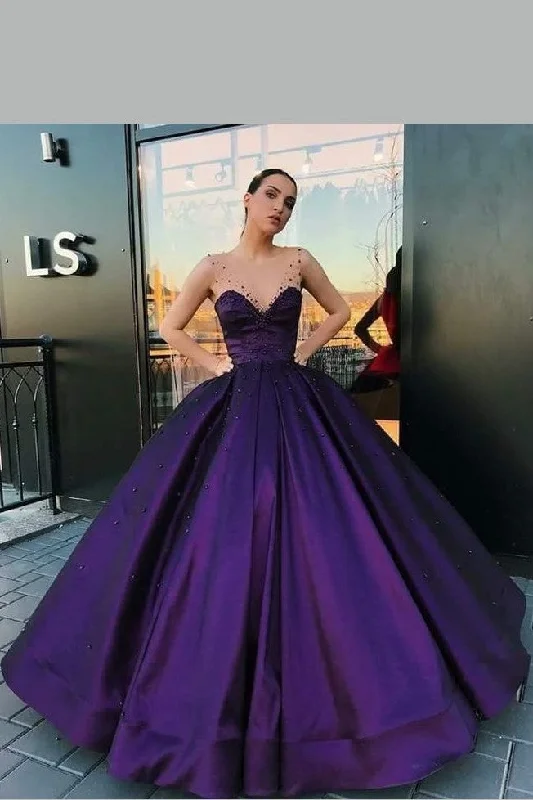 Purple Satin Ball Gown Dinner Party Dress with Illusion Straps Crew Neckline Sporty