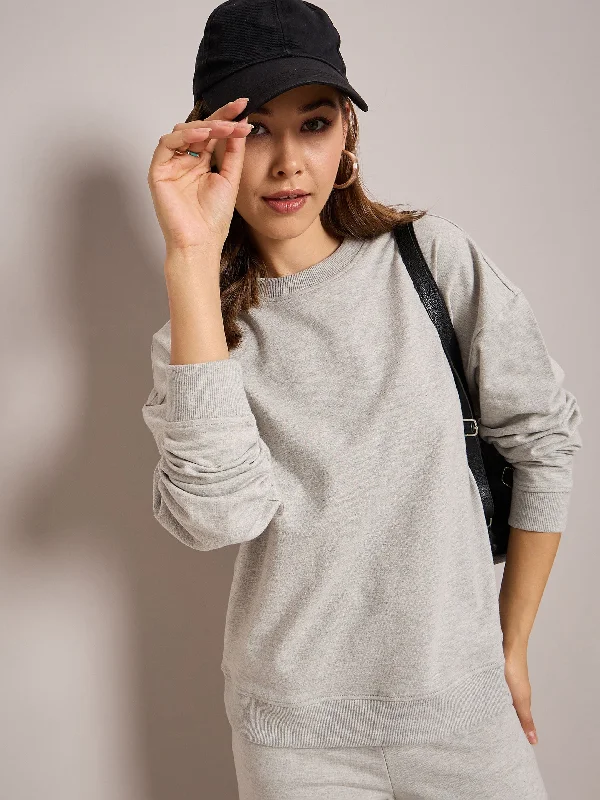 Women Grey Melange Terry Oversized Sweatshirt Hoodie with Cropped Fit Short Trendy
