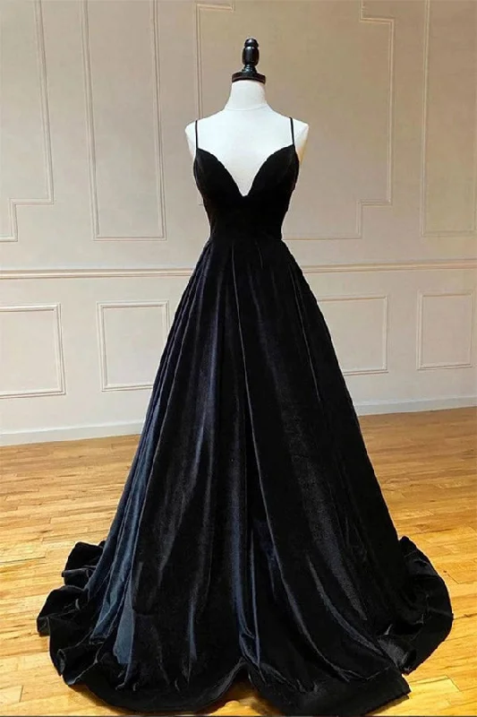 Black Velvet V Neck A Line Long Prom Dress Spaghetti Straps Long Party Dress Tunics Evening elegant Black Velvet V Neck A Line Long Prom Dress Spaghetti Straps Long Party Dress Tunics Evening elegant