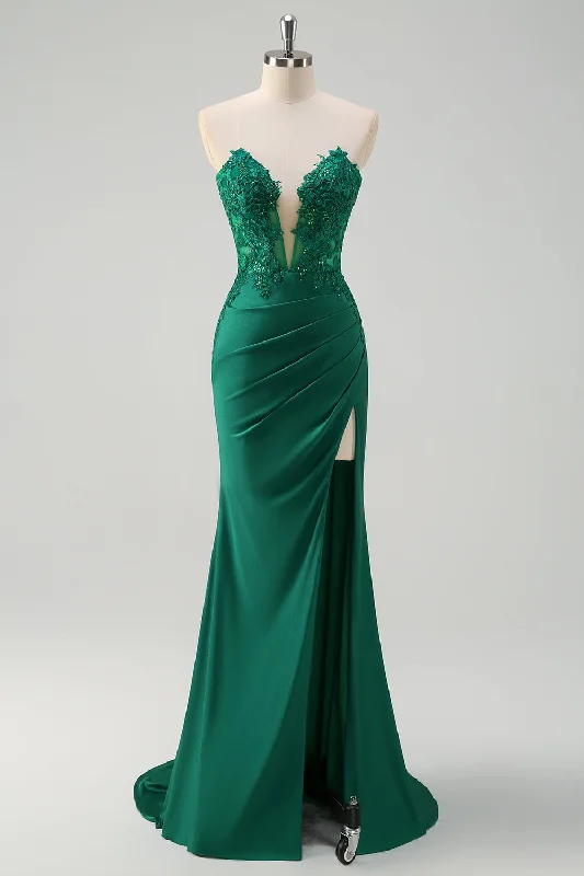 Sparkly Green Mermaid Strapless Corset Long Prom Dress with Slit Tunics Ceremony elegant Sparkly Green Mermaid Strapless Corset Long Prom Dress with Slit Tunics Ceremony elegant