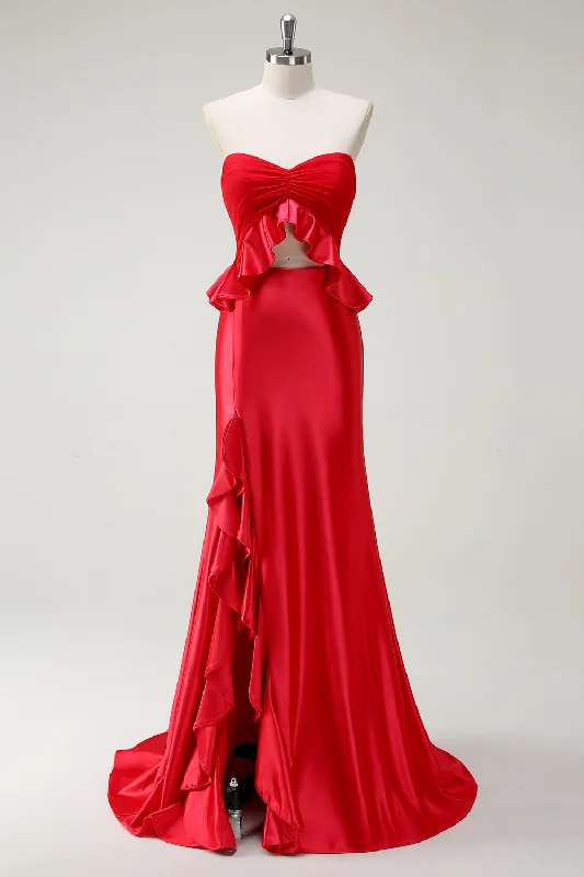 Red Sweetheart Mermaid Long Prom Dress with Slit Tunics Designer luxury