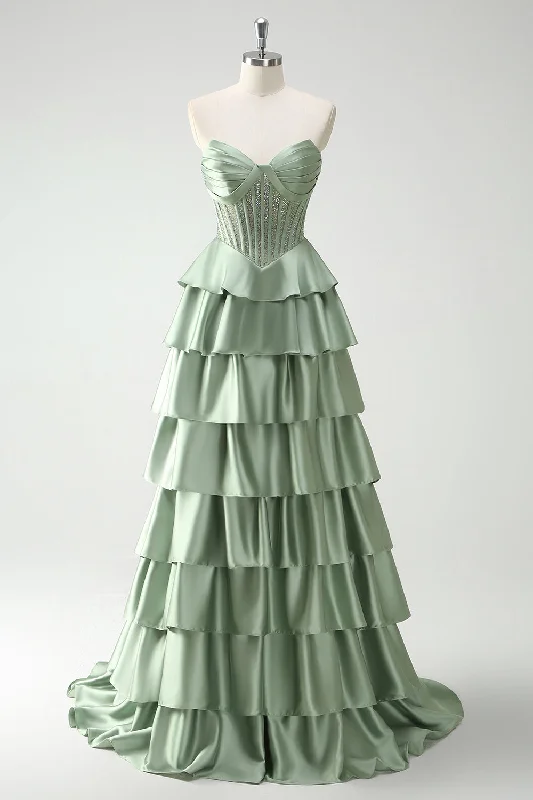 Green Sweetheart Princess Satin Tiered Long Corset Prom Dress with Slit Tunics Fashionable trendy