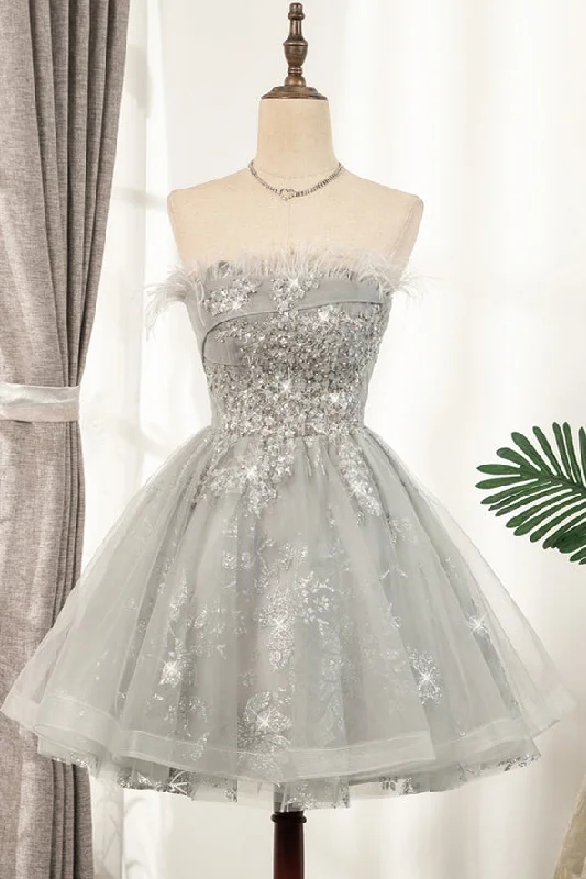 Glitter Feather Strapless Beaded A-Line Short Party Dress Lace Sexy Club