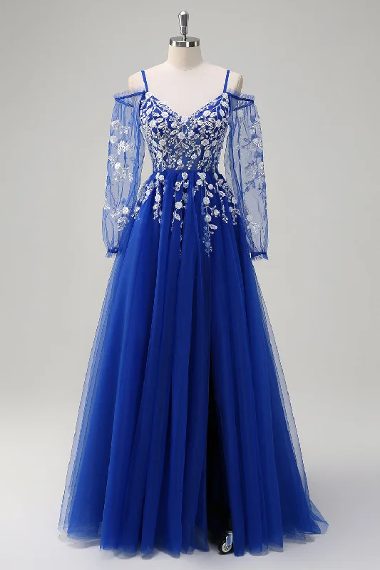 Royal Blue A-Line Cold Shoulder Sequin Applique Long Prom Dress with Tulle Slit Tunics Exclusive limited Royal Blue A-Line Cold Shoulder Sequin Applique Long Prom Dress with Tulle Slit Tunics Exclusive limited