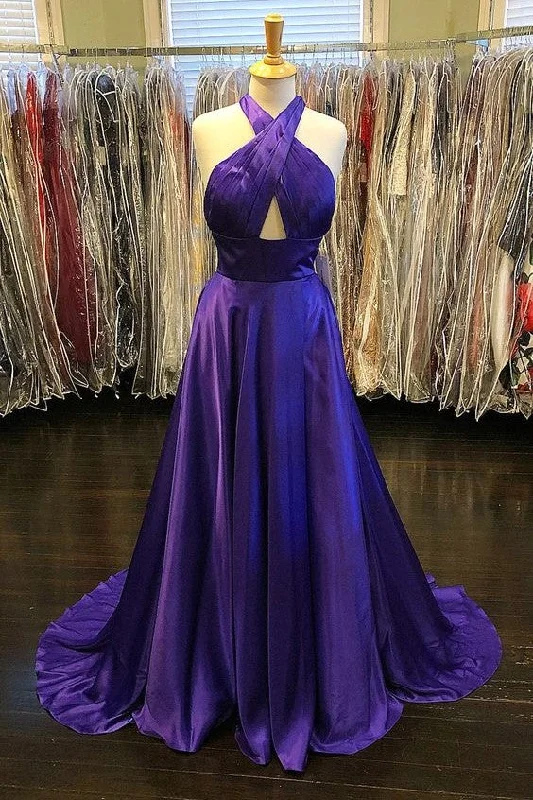 Halter Purple Long Prom Party Dress with Sweep Train Tunics Cozy comfortable