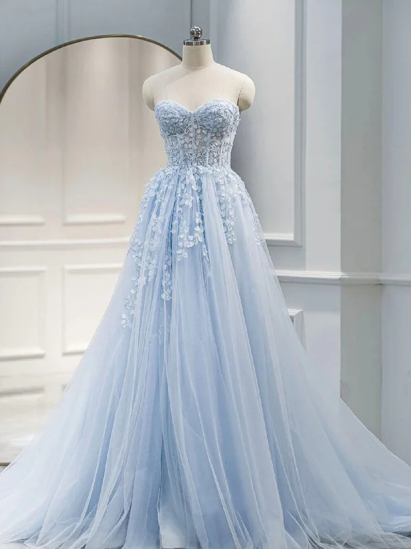 A Line Sweetheart Neck Tulle lace Blue Long Prom Dresses, Lace Formal Gown Graduation Dresses Tunics Business professional A Line Sweetheart Neck Tulle lace Blue Long Prom Dresses, Lace Formal Gown Graduation Dresses Tunics Business professional