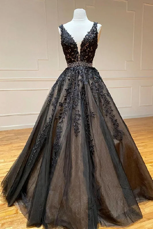 A-line Beaded Tulle Lace Long Prom Dress Long Party Dress Tunics Luxurious high-end