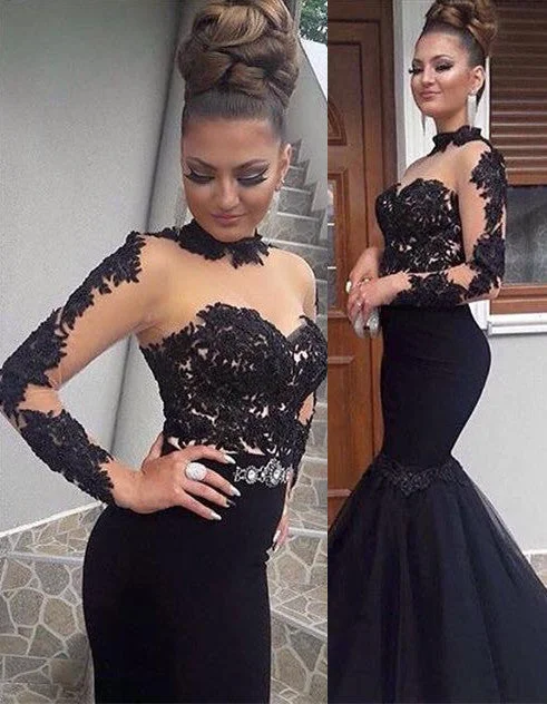 Gorgeous Black Lace Prom Dress Long Sleeve Mermaid Long Party Dress BA8045 Halter Neckline Beach Gorgeous Black Lace Prom Dress Long Sleeve Mermaid Long Party Dress BA8045 Halter Neckline Beach