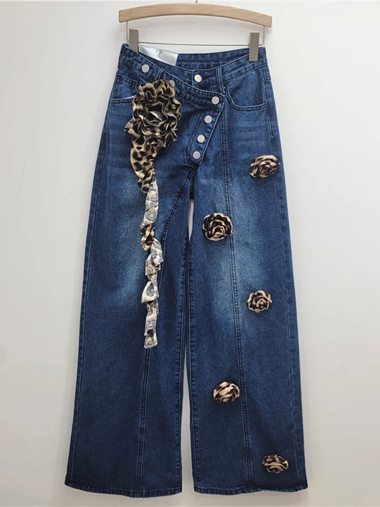 3d Leopard Flowers Diagonal Buttons Wide Leg Denim Pants Lightweight Linen Pants