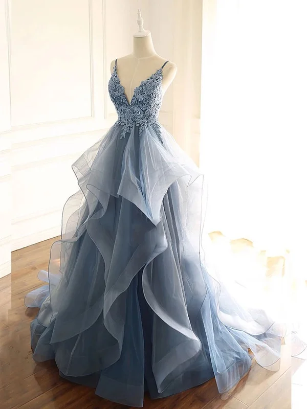 V Neck Blue Gray Lace Prom Dresses, Blue Gray Lace Formal Graduation Prom Gown Tunics Short Trendy V Neck Blue Gray Lace Prom Dresses, Blue Gray Lace Formal Graduation Prom Gown Tunics Short Trendy