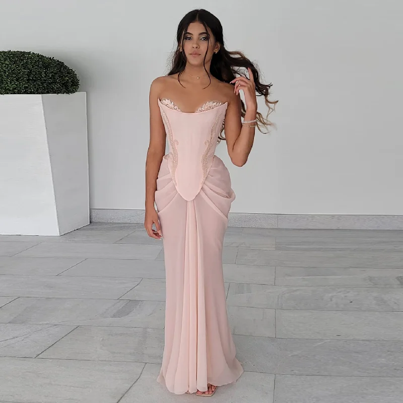 Pink Handmade Draped Strapless Chiffon Mermaid Evening Dress SS220 Tunics Seasonal trendy Pink Handmade Draped Strapless Chiffon Mermaid Evening Dress SS220 Tunics Seasonal trendy