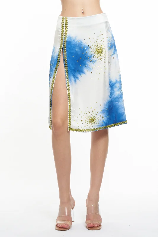 Tie Dye Silk Embroidery Skirt | Dark Blue/ White wool skirt thick
