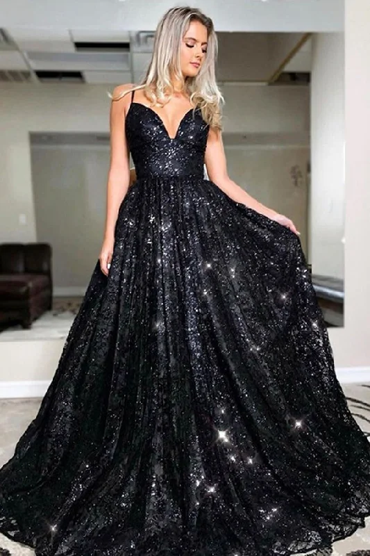 Sparkly A-line Black Tulle Long Prom Dress Long Party Dress Tunics Versatile functional