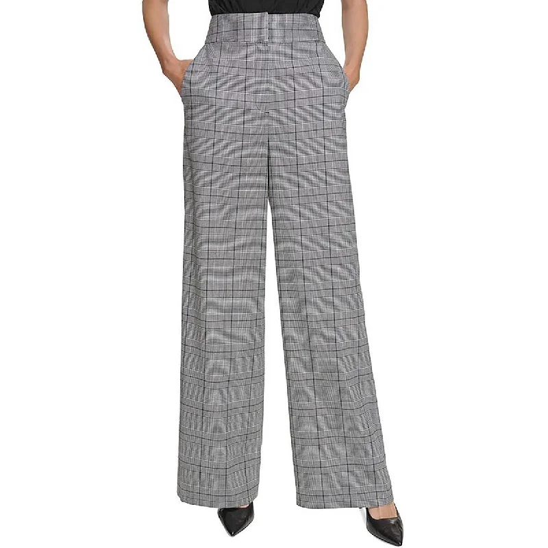 Calvin Klein Womens Plaid High Rise Wide Leg Pants Trendy Palazzo Pants
