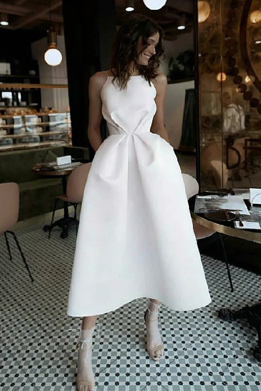 Spaghetti Straps Off White Prom Dresses with Pockets Tea-Length Party Dress OKL72 Crew Neckline Casual Spaghetti Straps Off White Prom Dresses with Pockets Tea-Length Party Dress OKL72 Crew Neckline Casual