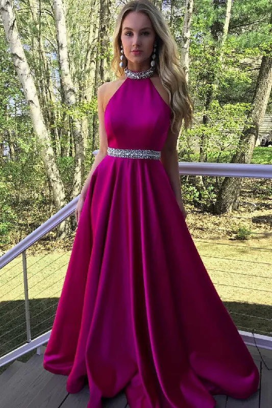 Rhinestones A-line Fuchisa Satin Long Prom Party Dresses Crew Neckline Casual