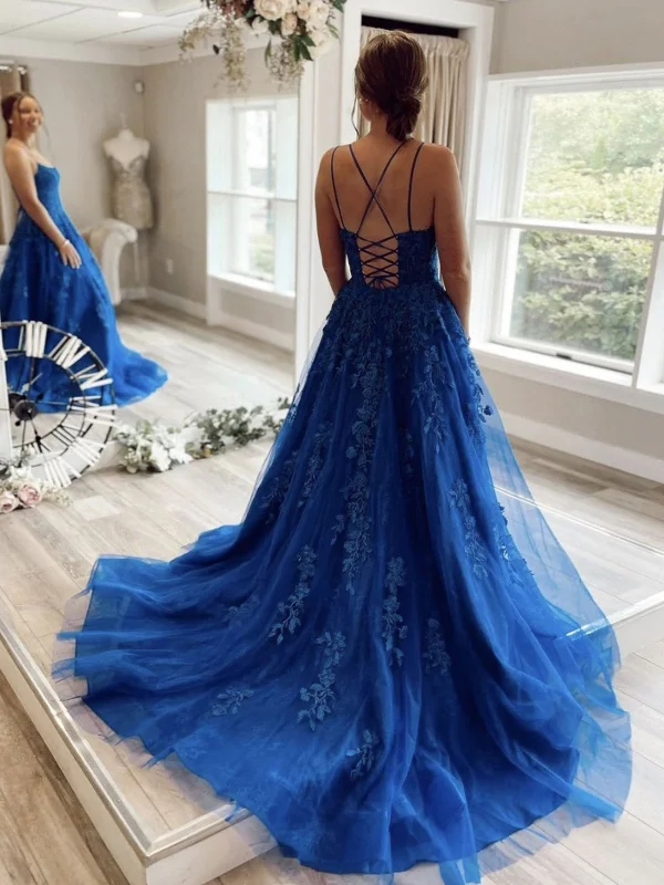 Backless Blue Lace Prom Dresses, Open Back Blue Lace Formal Evening Dresses Tunics Stylish modern Backless Blue Lace Prom Dresses, Open Back Blue Lace Formal Evening Dresses Tunics Stylish modern