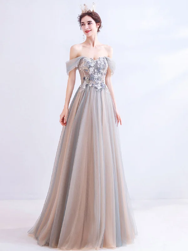 A-Line Off Shoulder Lace Champagne Long Prom Dress, Champagne Formal Dresses Tunics Stylish elegant A-Line Off Shoulder Lace Champagne Long Prom Dress, Champagne Formal Dresses Tunics Stylish elegant