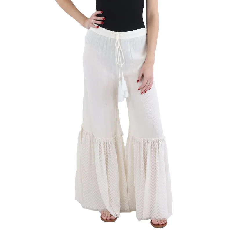 La Moda Womens Sheer Pull On Flared Pants Trendy High-Waist Trousers
