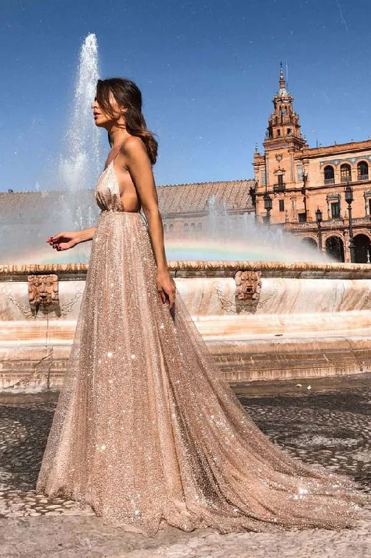 Sexy Deep V Neck Backless Long Prom Dress Sparkly Party Dress Tunics Custom made