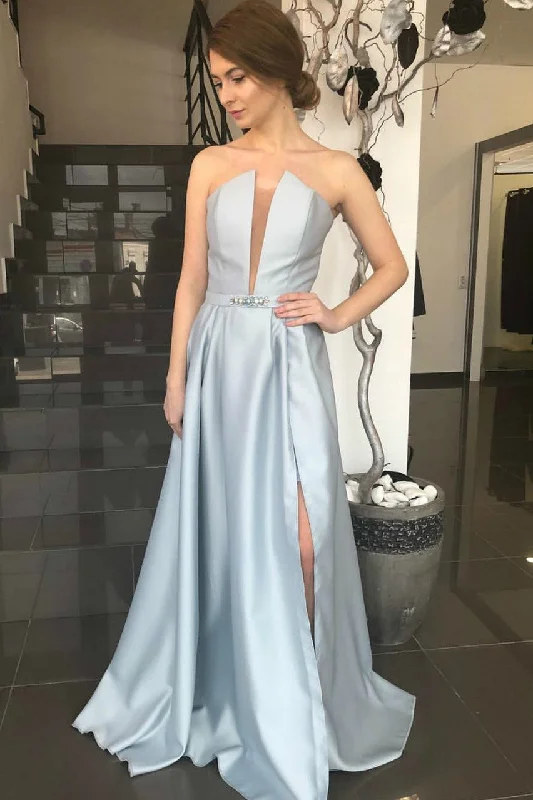 Stylish Neckline Satin Prom Party Dress with Beaded Sash Tunics Bestseller popular