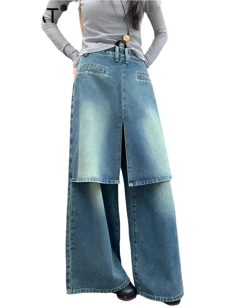 Fake 2 Pcs High Waist Straight Wide Leg Denim Pants Trendy Work Pants