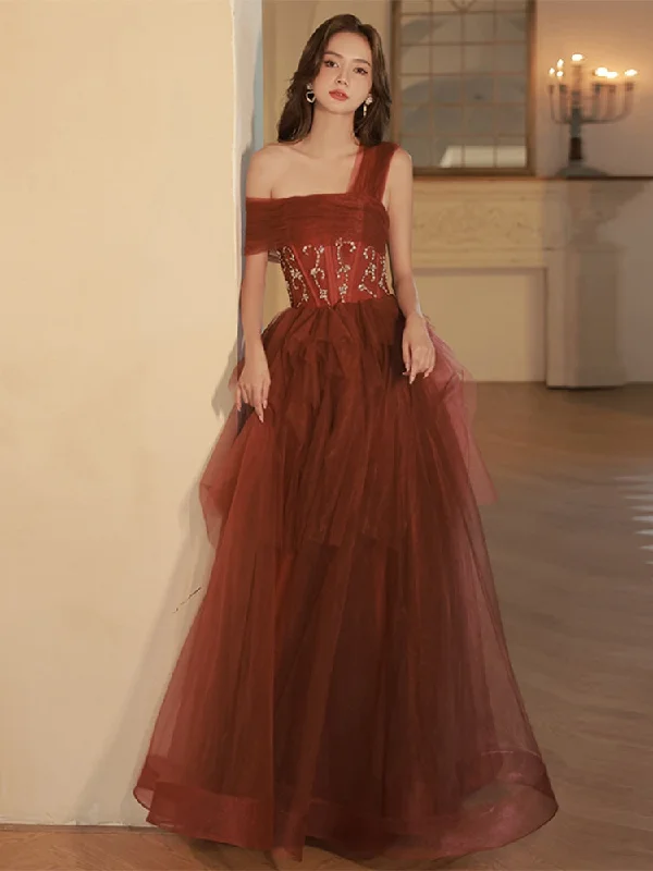 A Line One Shoulder Tulle Long Burgundy Prom Dresses, Burgundy Formal Graduation Dress With Sequin Beading Tunics Wedding white A Line One Shoulder Tulle Long Burgundy Prom Dresses, Burgundy Formal Graduation Dress With Sequin Beading Tunics Wedding white