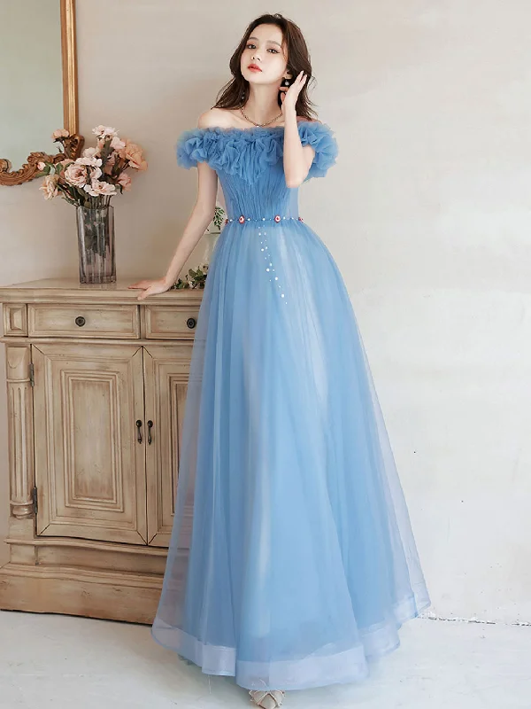 A-Line Off Shoulder Tulle Blue Long Prom Dress, Blue Formal Dresses Tunics Fleece cozy A-Line Off Shoulder Tulle Blue Long Prom Dress, Blue Formal Dresses Tunics Fleece cozy