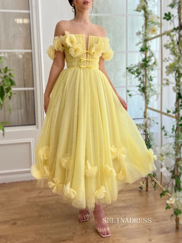 Yellow Off-the-shoulder A line Midi Prom Dress Tulle Party Dress JKL3124 Tunics Solid Classic