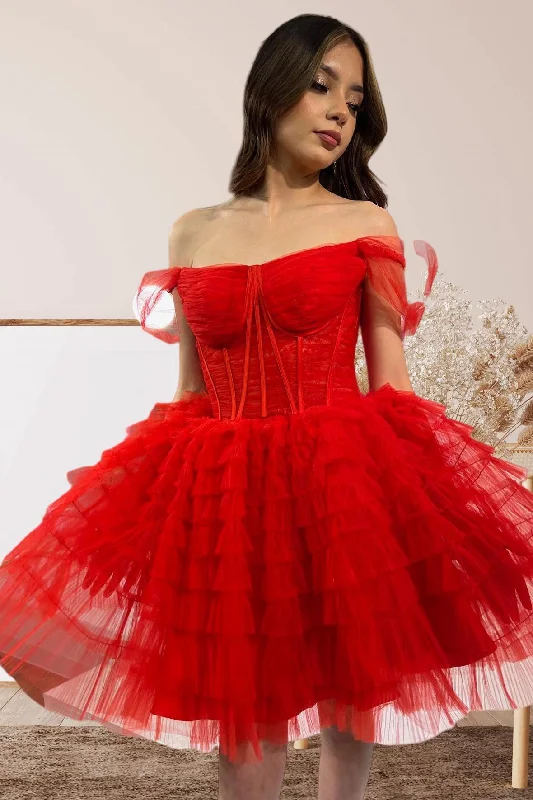 Off the Shoulder Red Corset A-line Ruffle Short Party Dress Glittery Long Formal