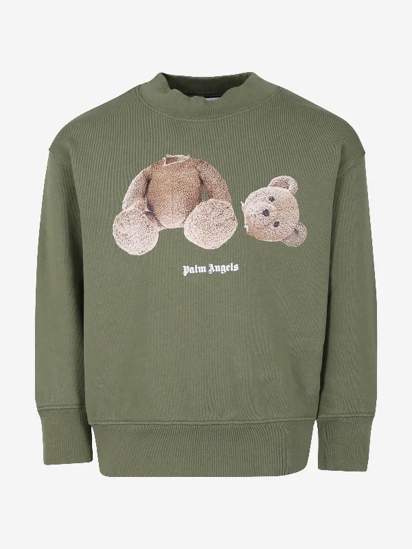 Palm Angels Kids Bear Crewneck Sweatshirt in Green Hoodie with Reflective Safety Nightwear Palm Angels Kids Bear Crewneck Sweatshirt in Green Hoodie with Reflective Safety Nightwear