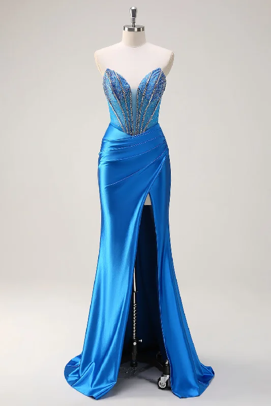 Blue Mermaid Strapless Beaded Corset Prom Dress with Slit Tunics Party sparkling
