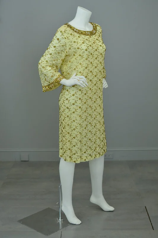 1960s Gold Beaded Lace Bell Sleeves Party Dress Tunics Office stylish
