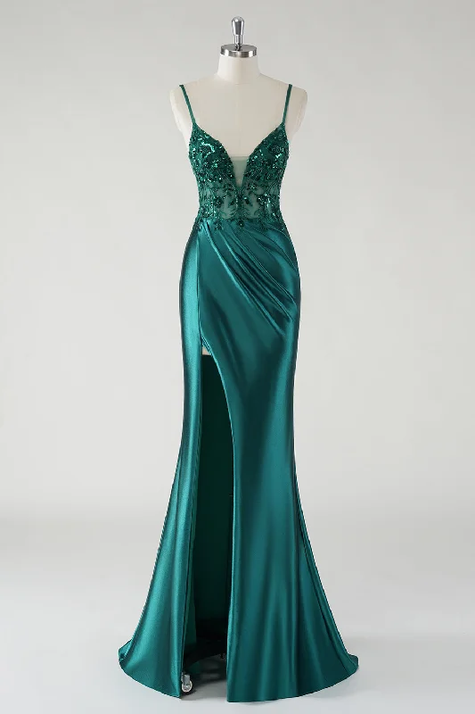 Sparkly Dark Green Spaghetti Straps Mermaid Prom Dress with Slit Cowl Neckline Elegant Sparkly Dark Green Spaghetti Straps Mermaid Prom Dress with Slit Cowl Neckline Elegant