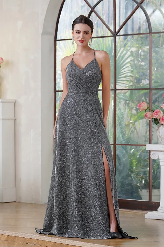 Sleeveless Halter Glitter Prom Dress V-Neck Pleated Side Slit Party Dress with Pocket Tunics Canvas sturdy Sleeveless Halter Glitter Prom Dress V-Neck Pleated Side Slit Party Dress with Pocket Tunics Canvas sturdy