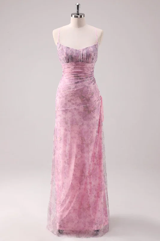 Pink Floral Spaghetti Straps Sheath Long Prom Dress Tunics stripes playful