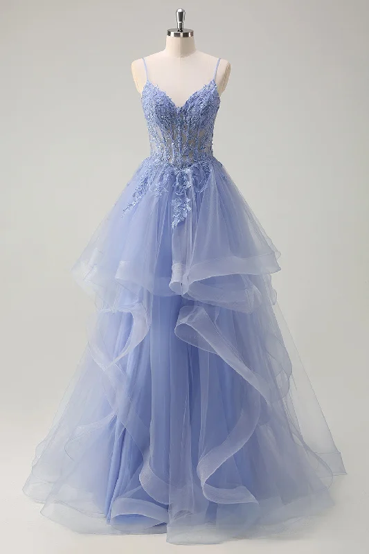 Dusty Blue A Line Spaghetti Straps Corset Spiral Ruffles Long Prom Dress Tunics Hiking breathable Dusty Blue A Line Spaghetti Straps Corset Spiral Ruffles Long Prom Dress Tunics Hiking breathable
