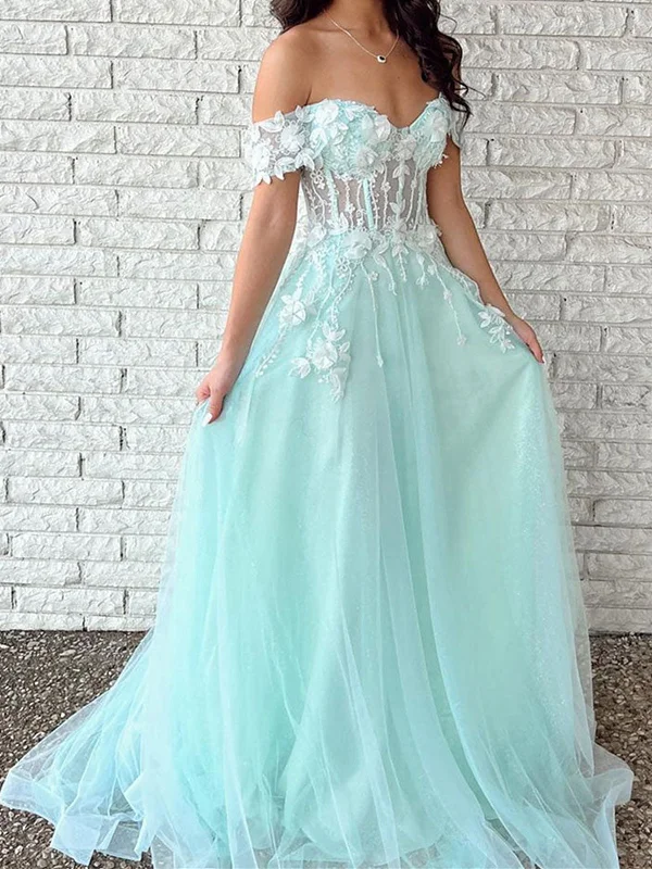 Off the Shoulder Green Blue 3D Lace Floral Prom Dresses, 3D Lace Formal Graduation Dresses Tunics Plaid country
