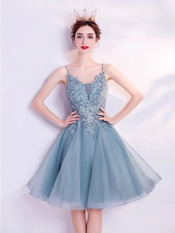 Gray V Neck Tulle Lace Blue Short Prom Dress Puffy Blue Homecoming Dress Tunics Cozy soft Gray V Neck Tulle Lace Blue Short Prom Dress Puffy Blue Homecoming Dress Tunics Cozy soft