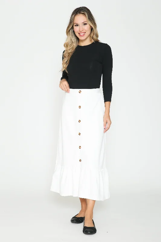 Ivee Button Front Low Ruffle Midi Skirt chiffon skirt airy