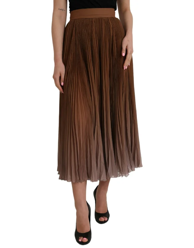 Dolce & Gabbana Brown Polyester Pleated High Waist Midi Skirt corduroy skirt durable