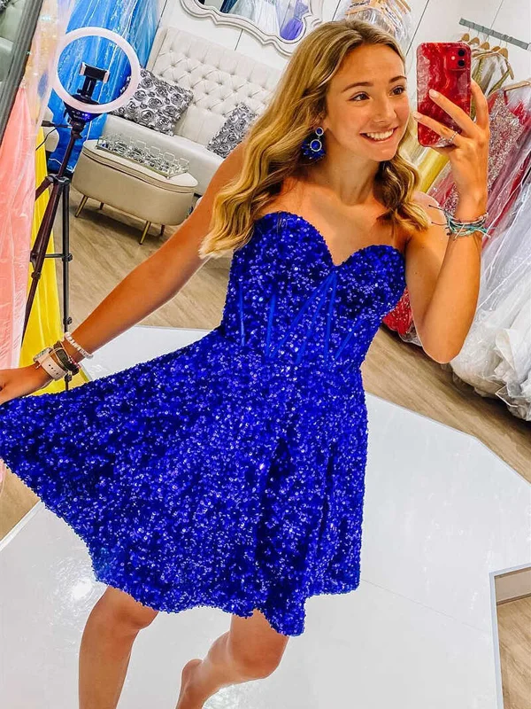 Sweetheart Neck Shiny Royal Blue Short Prom Dresses, Short Royal Blue Graduation Homecoming Dresses Tunics Bridal satin Sweetheart Neck Shiny Royal Blue Short Prom Dresses, Short Royal Blue Graduation Homecoming Dresses Tunics Bridal satin