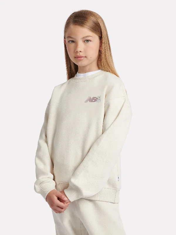 New Balance Girls Circle Floral Graphic Sweatshirt in Ivory Hoodie with Distressed Vintage Worn New Balance Girls Circle Floral Graphic Sweatshirt in Ivory Hoodie with Distressed Vintage Worn