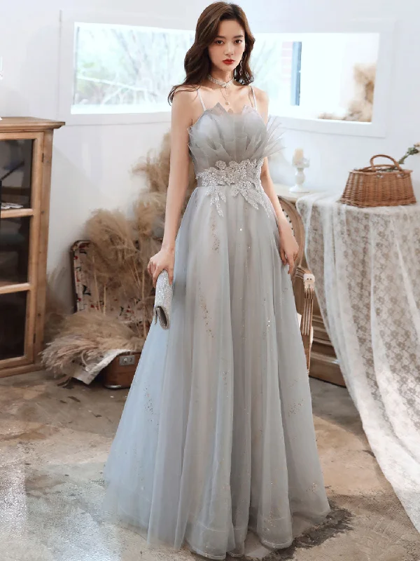 Gray A line Tulle Long Prom Dress, Gray Formal Graduation Dress with Lace Applique Tunics Versatile stylish Gray A line Tulle Long Prom Dress, Gray Formal Graduation Dress with Lace Applique Tunics Versatile stylish