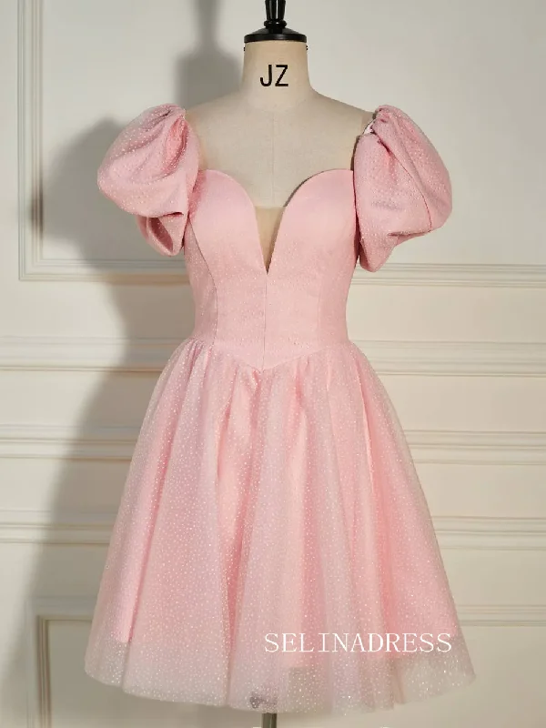 A-line Balloon Sleeves Pink Short Party Dress with Dot SEA004 Tunics Silk luxurious