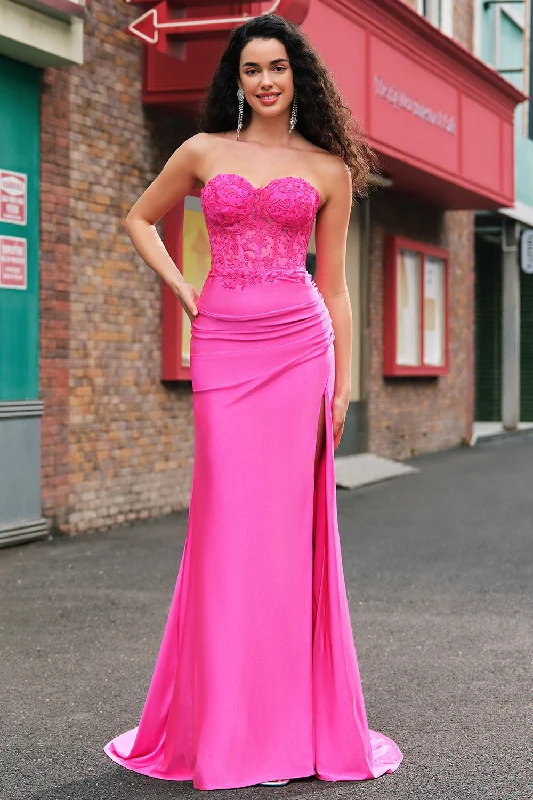 Mermaid Applique Strapless Corset Long Fuchsia Prom Dress with Slit Tunics Favorite customer Mermaid Applique Strapless Corset Long Fuchsia Prom Dress with Slit Tunics Favorite customer