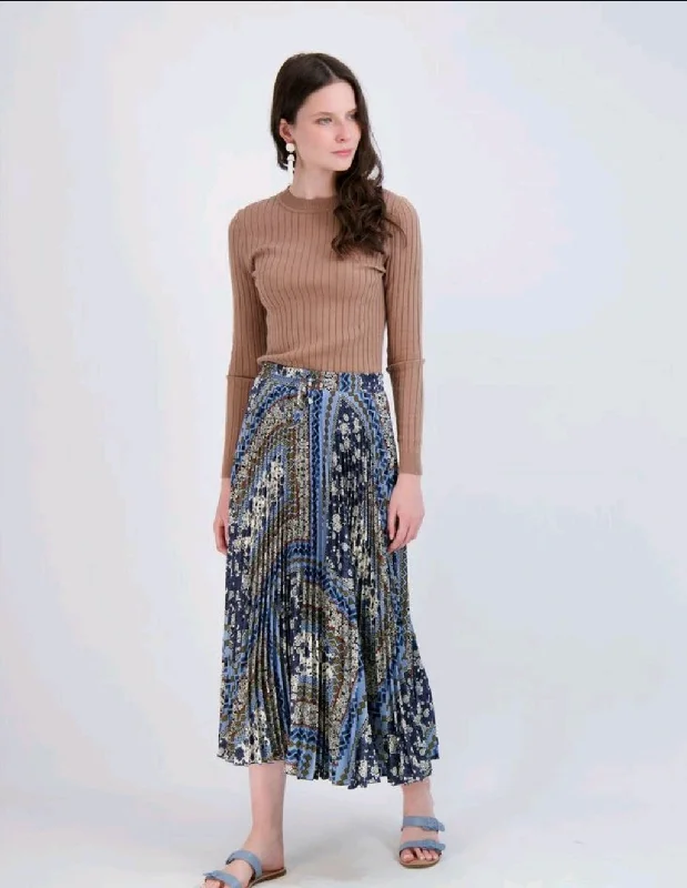 Mademoiselle Accordian Pleated Printed Midi Skirt velvet skirt rich
