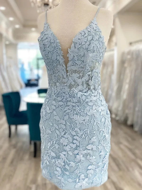 V Neck Short Light Blue Lace Prom Dresses, V Neck Blue Lace Short Graduation Homecoming Dresses Tunics Prom sequined V Neck Short Light Blue Lace Prom Dresses, V Neck Blue Lace Short Graduation Homecoming Dresses Tunics Prom sequined