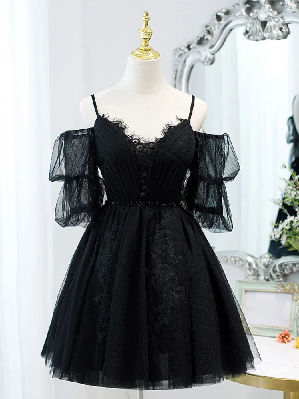 Black A line V Neck Lace Short/Mini Prom Dress, Black Puffy Homecoming Dresses Tunics Party sparkling Black A line V Neck Lace Short/Mini Prom Dress, Black Puffy Homecoming Dresses Tunics Party sparkling